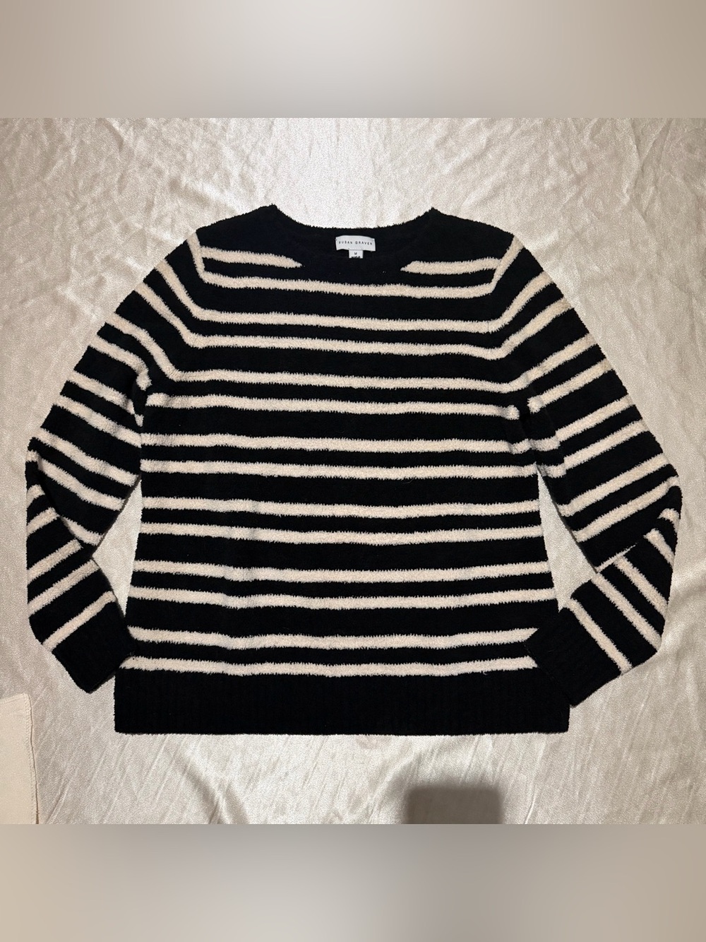 Susan Graver Striped Crewneck Sweater - Black & Ivory Medium